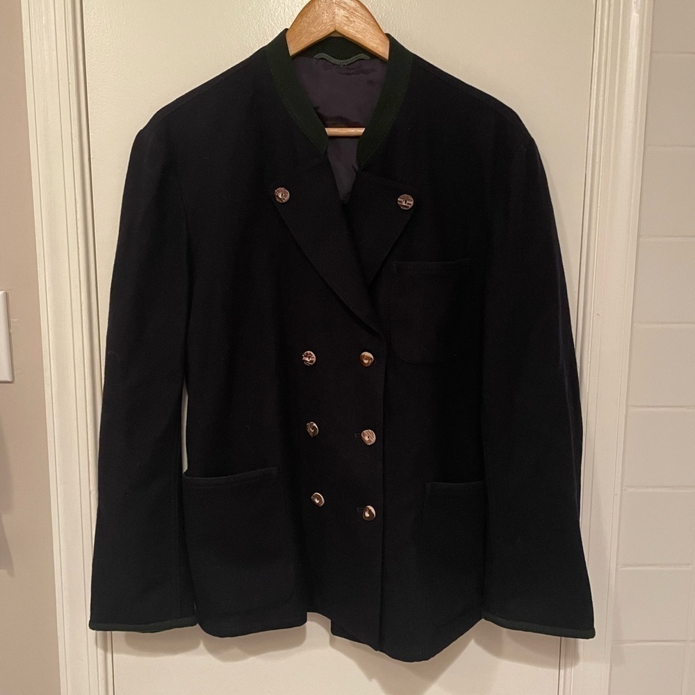 Lorenfrey Soft Wool Navy Sailor Style Green Trimmed Coat with unique wood button - Picture 7 of 11